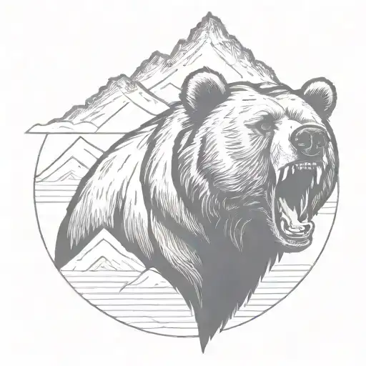 Roaring Grizzly Bear Head With Mountains In The Background