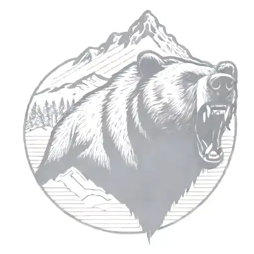Roaring Grizzly Bear Head With Mountains In The Background