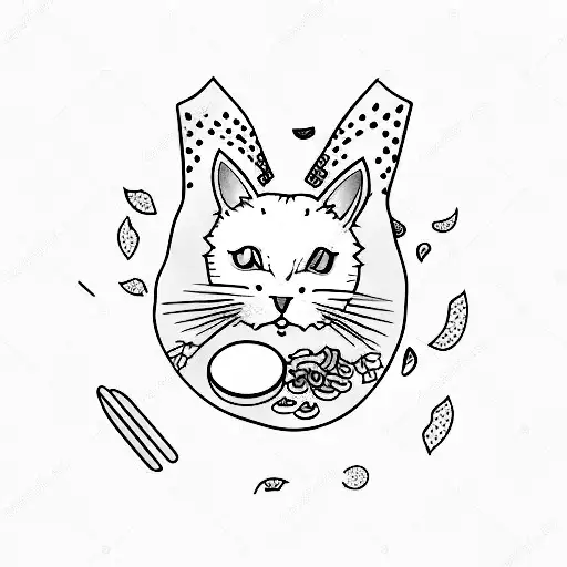 A Minimalist Tattoo Of A White Cat Sitting On A Pile Of Food From A New Country