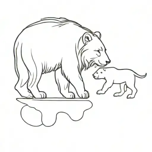 Simple Outline Of A Bear And A Lion Happy Together