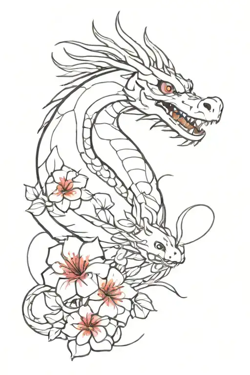 Haku Dragon From Spirited Away With Red Flowers