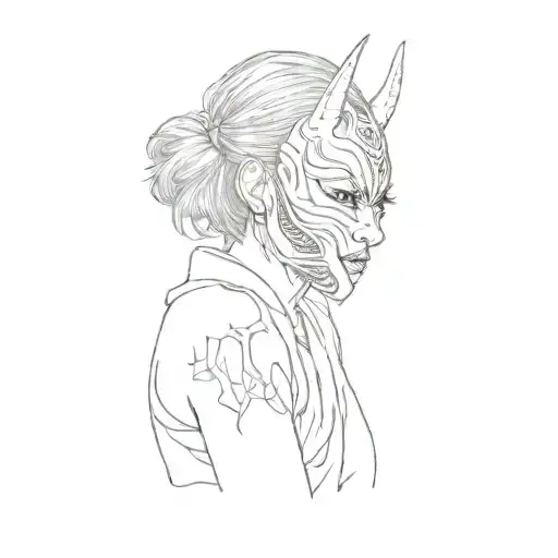 A Japanese Girl With A Demon Mask On Her Face