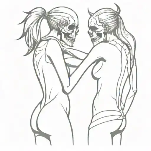 Skull And Demon Girl Holding Each Other From The Back