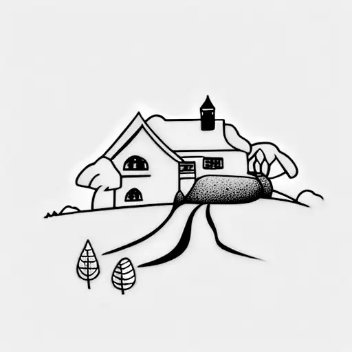 A Minimalist Tattoo Of A Beautiful Irish Landscape With Rolling Hills And A Charming Cottage