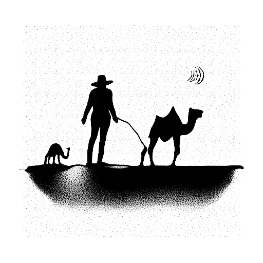 Sunset Behind Camel Walking On Horizon