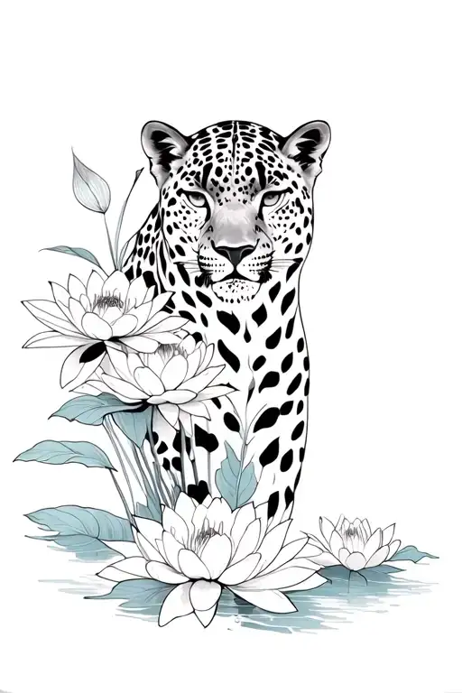 Water Lillies And A Black Leopard Full Body