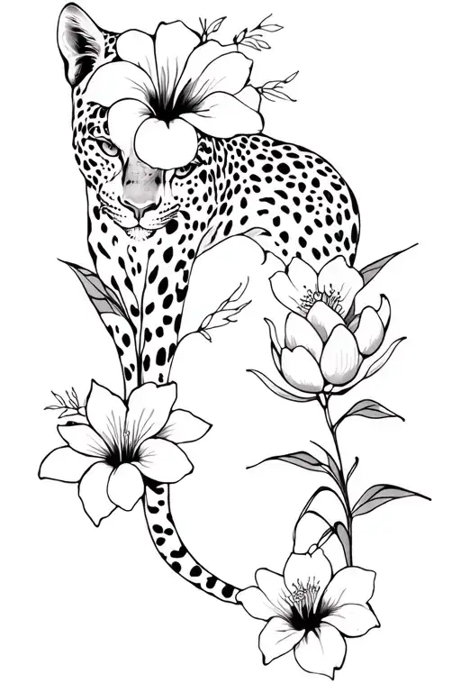 Hibiscus Flowers And Water Lillies And A Black Leopard Full Body