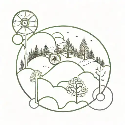 A Minimalist Tattoo Of A Forest Landscape With Hidden Gears Intertwined In The Trees And Foliage