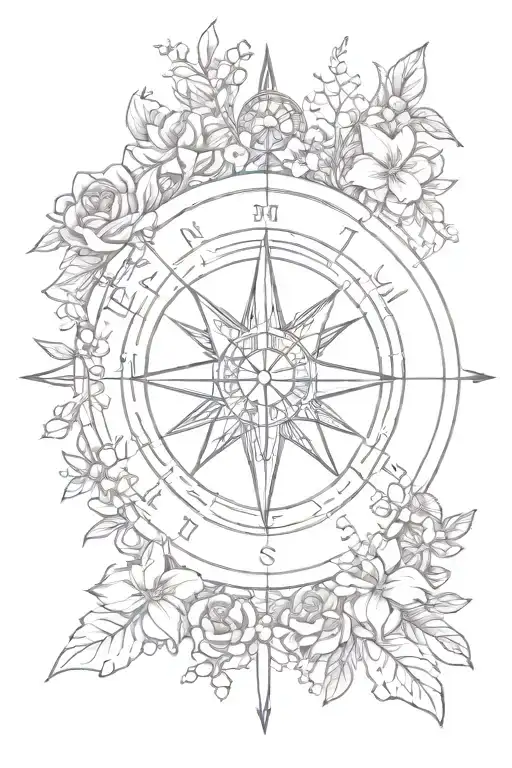 Compass Surrounded By Various Types Of Flowers