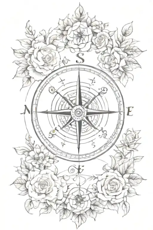 Compass Surrounded By Various Types Of Flowers Intertwined