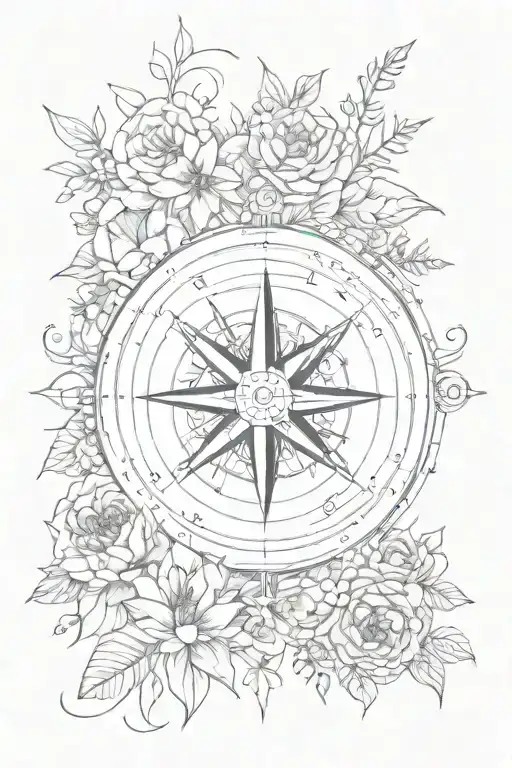 Compass Surrounded By Various Types Of Flowers Intertwined