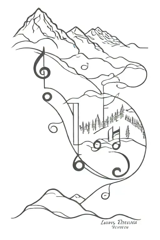 A Tattoo Design Combining Musical Notes With Mountain Peaks To Represent A Love For Music And Hiking