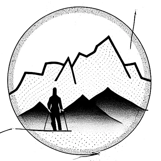 Arrow As The Base With Mountains And Tress And A River With A Person Walking With Their Dog