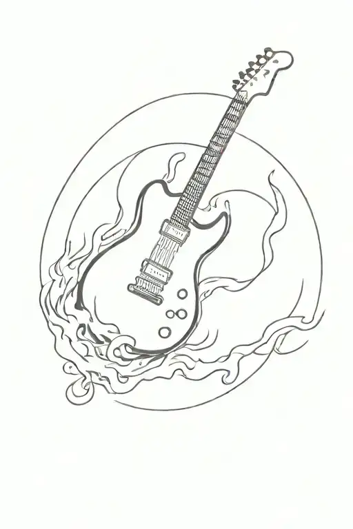 A Very Simple Electric Guitar With One Singular Flame Around It In Black And White