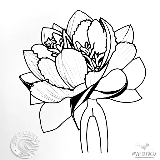 Daffodil And Water Lillies Wrapped With Brown Paper And A Bowl With The Initial K In The Bow