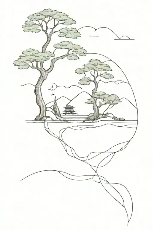 Japanese Landscape With Trees And Water