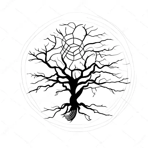 Three Wyrds In Front Of Yggdrasil With Two Crows Flying Over