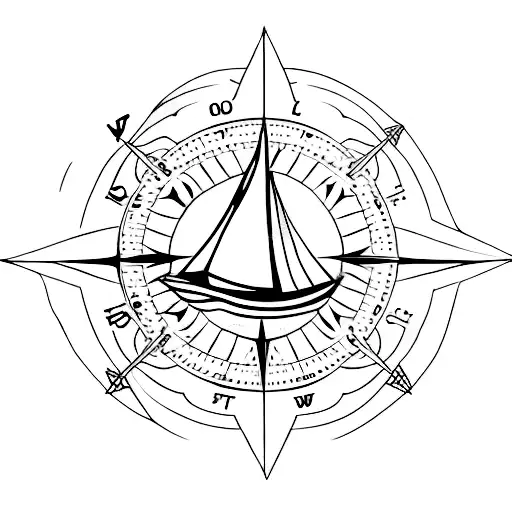 A Minimalist Tattoo Of A Sailboat Navigating Through A Compass Rose