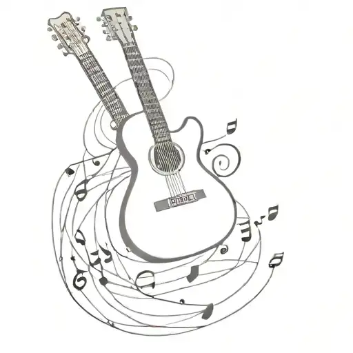 A Minimalist Tattoo Of A Guitar With Musical Notes Floating Around It