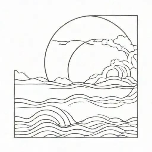 A Minimalist Tattoo Of A Sunset Over The Ocean With A Taurus Symbol Incorporated Into The Waves