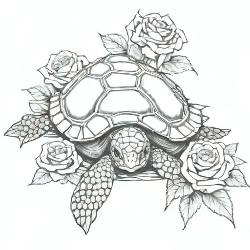 Sea Turtle On Pile Of Skulls And Roses