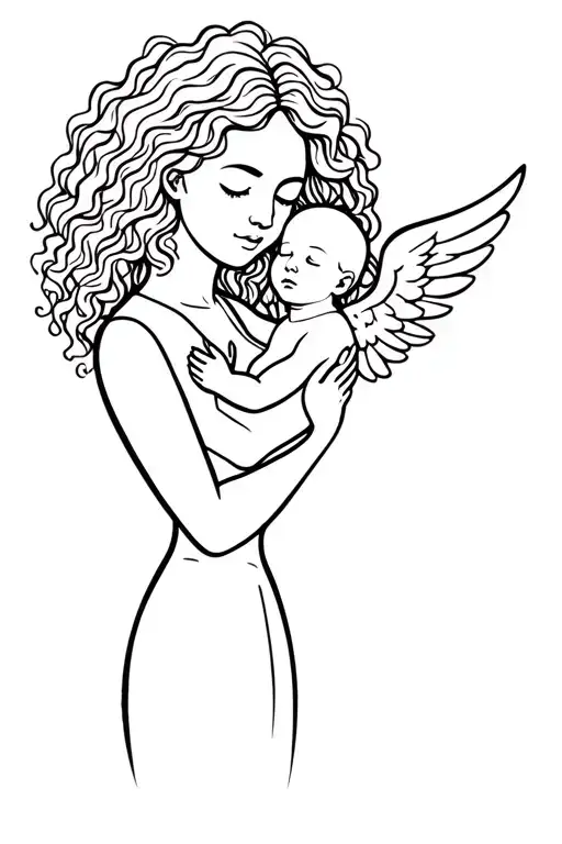 Simple Curly Hair Mom Holding Baby Angel