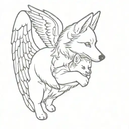 An Little Angel With Wings Hold A Little Husky Dog