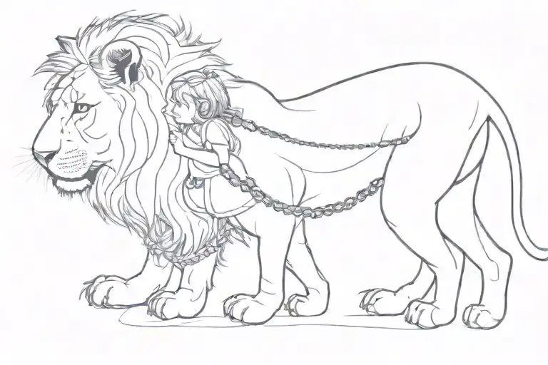 Little Girl Behaves On A Lion's Leash Being Held