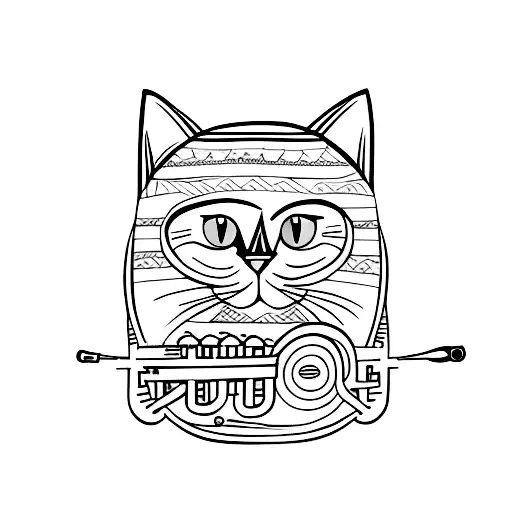 A Minimalist Tattoo Of A Cat Wearing A Kavkaz Hat And Playing A Musical Instrument