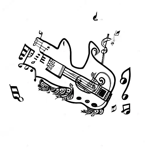 A Grey Cat Sitting On A Guitar With Musical Notes Emanating From It