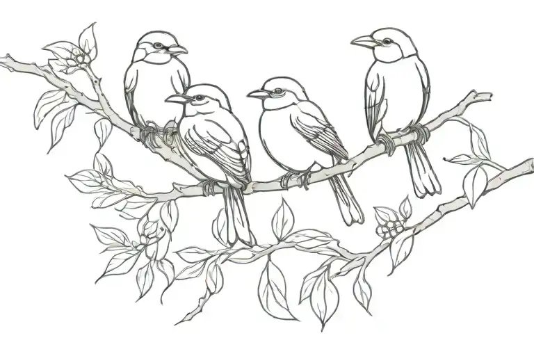 Three Little Birds Resting On A Flores Branch