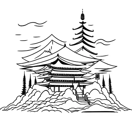 Katana On A Katana Stand In Front Of A Tempel With Mountains And Trees