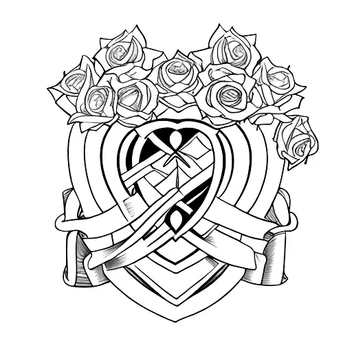A Heart And Two Crossing Swords And A Shield With White Rose