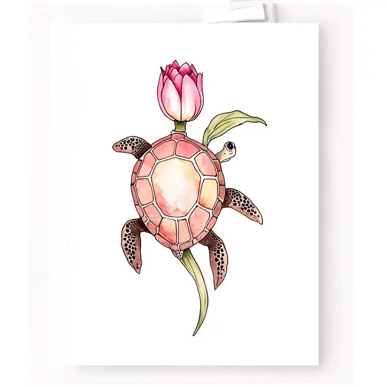Sea Turtle Swimming With Watercolor Tulip For Wrist
