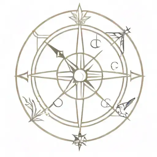 A Minimalist Tattoo Of A Compass With Hunting-themed Symbols