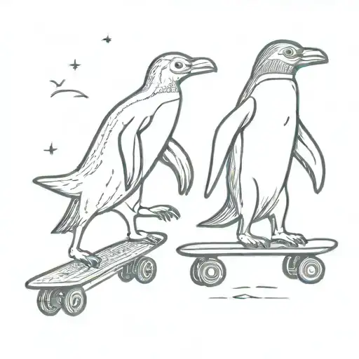 Penguin Rollerskating And Daschhund On The Skateboard