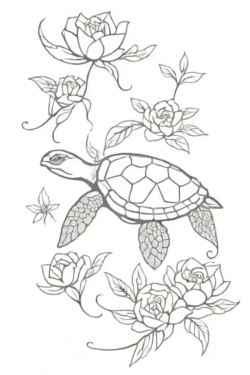 Flowers And Sea Turtle Swimming Gracefully
