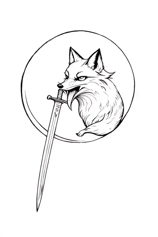 Fox Holding A Katana Through The Mouth Inside A Moon