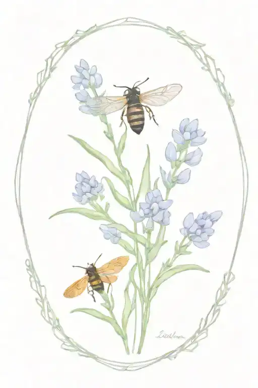 Quarts Crystal Cluster In Front Of A Bluebonnet Boquet With A Lavender Robbon And Tiny Honeybee