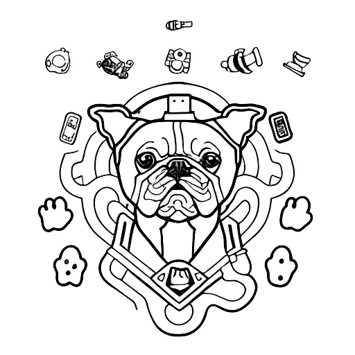 A Minimalist Tattoo Of A Dog Surrounded By Various Game Symbols