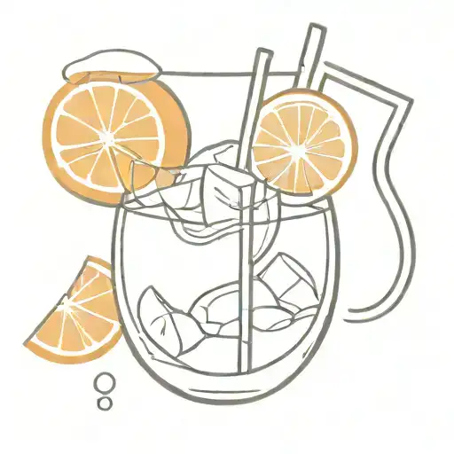 Wine Glass Filled With Orange Slice And Ice Cube And A Straw With Thin Lines Without Color