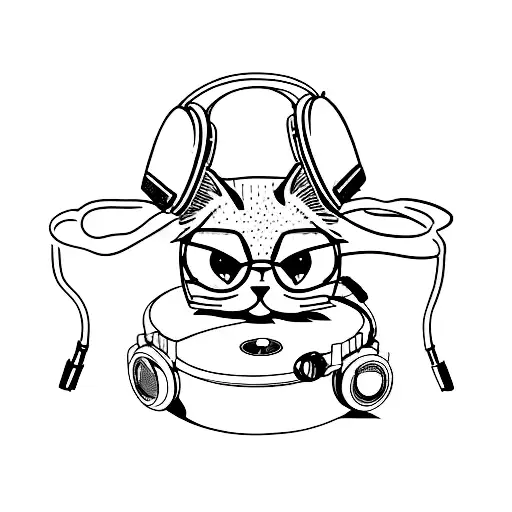 A Sketch-style Tattoo Of A Cat Wearing Headphones And Djing On A Turntable
