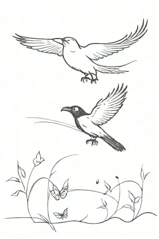 A Crow Flying And Chasing Butterflies