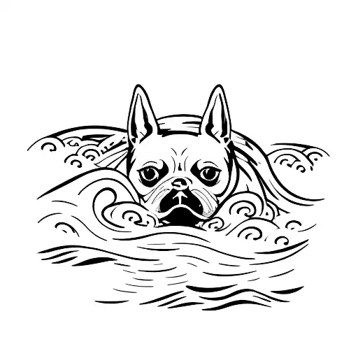 A Minimalist Tattoo Of A Dog Playing In The Waves At The Beach