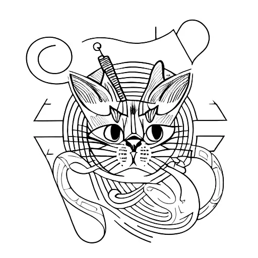 A Blackwork Tattoo Of A Cat Playing A Musical Instrument While Wearing Fashionable Clothes