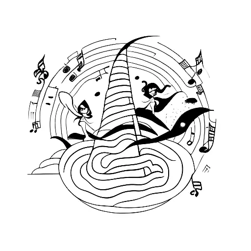 A Mystical Sunset Landscape With Floating Musical Notes And Fairies