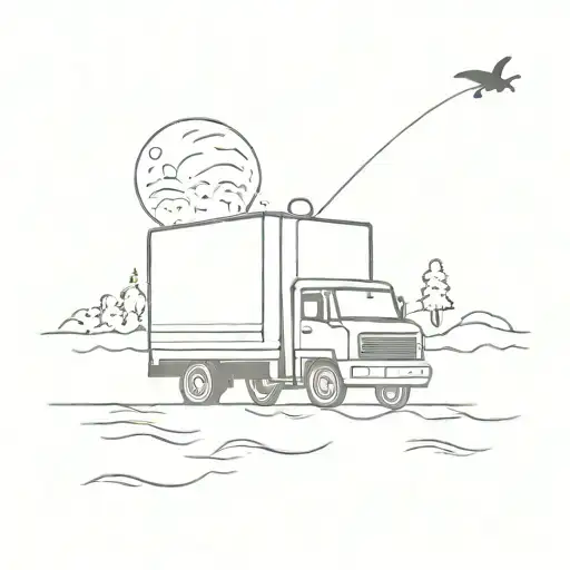 A Minimalist Silhouette Of A Truck Driving Through A Serene Fishing Scene