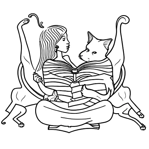 A Silhouette Of A Woman Reading A Book With Her Dog And Cat Beside Her