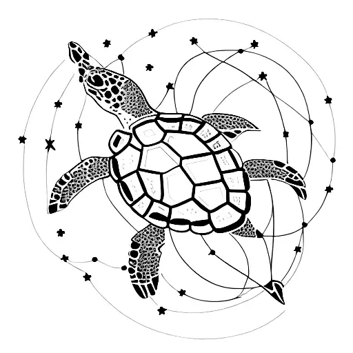 An Intricate Constellation Of Stars Forming The Shape Of A Sea Turtle Swimming In The Night Sky