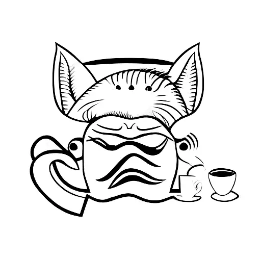 A Minimalist Tattoo Of A Theater Mask With A Coffee Cup And A Cat Sitting On Top